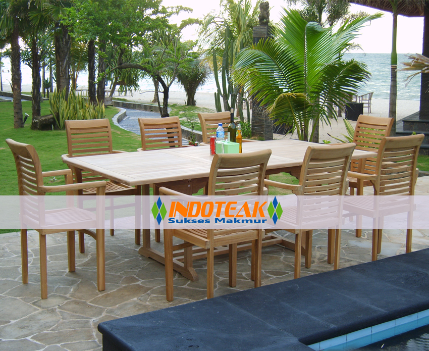 Teak garden furniture sets rectangular extendable table and stacking chairs. Competitive price from Jepara Manufacturer Company
