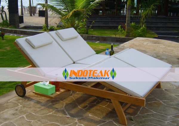 Teak Double Lounger With White Color Cushions